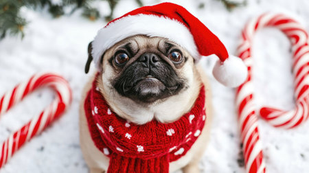 A charming pug dressed in a bright red Christmas hat and scarf sits surrounded by candy canes in a snowy landscape, embodying holiday spirit and delight.の素材