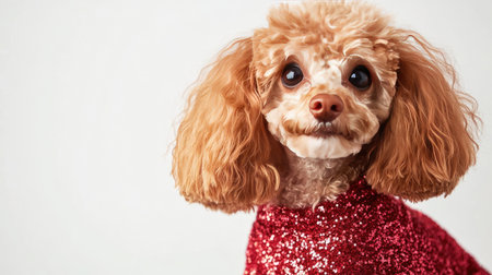A charming poodle in a sparkling red sweater poses playfully. This photo captures its adorable expression, making it perfect for festive themes or pet-related projects.の素材