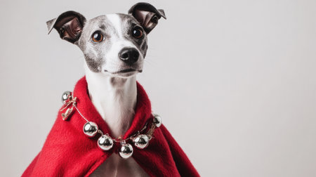 This adorable greyhound dog features a festive red cape adorned with silver bells, capturing the spirit of holiday celebrations. Perfect for cheerful photography sessions.の素材