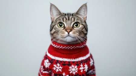 This delightful tabby cat wears a vibrant red sweater adorned with snowflakes, exuding charm and personality in a bright studio setting, ideal for winter-themed visuals.の素材