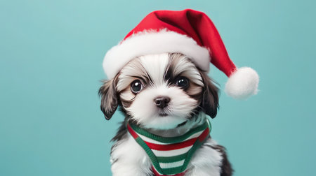 Adorable small dog with a charming expression, wearing a festive Santa hat and a colorful sweater, perfect for Christmas-themed promotions and joyful holiday moments.の素材