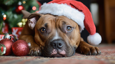 A charming dog wearing a Santa hat lies contentedly next to colorful Christmas ornaments, embodying the joy and warmth of the festive season. Perfect for holiday themes!の素材