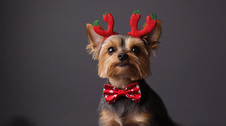 A charming Yorkshire Terrier dressed in festive holiday antlers and a stylish bow tie, posing against a dark background, ideal for seasonal pet imagery and cheerful greetings.の素材