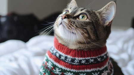 A charming cat dressed in a festive sweater gazes curiously upward, creating a cozy and heartwarming scene ideal for holiday-themed projects and pet enthusiasts.の素材