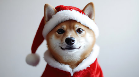 A charming Shiba Inu dog wearing a Santa hat and a red outfit radiates joy and holiday spirit, creating an irresistible festive atmosphere perfect for Christmas celebrations.の素材