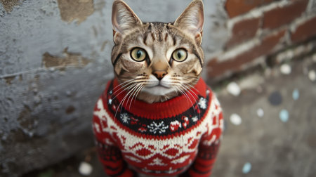 A delightful tabby cat dressed in a cozy knitted sweater brings warmth and charm, showcasing a joyful expression against a rustic wall backdrop. Perfect for holiday themes!の素材