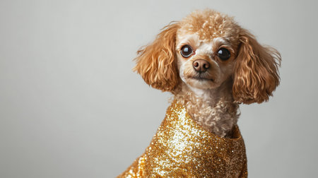 A small, fluffy dog dressed in a sparkling gold sweater, showcasing its unique personality and charm while posing against a soft gray background in a playful yet elegant manner.の素材