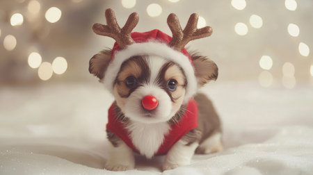 A cute puppy wears a reindeer costume with a red nose and festive hat, surrounded by soft snow and twinkling lights, creating a charming holiday scene full of joy and warmth.の素材