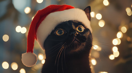 A charming black cat adorned with a Santa hat gazes curiously, surrounded by warm, twinkling lights that evoke the spirit of the holiday season.の素材