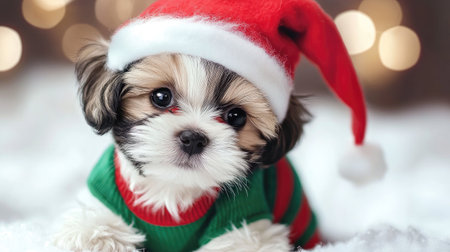 Capture the spirit of the holidays with this adorable puppy dressed in a Santa hat and festive sweater, creating a delightful and heartwarming scene perfect for seasonal celebrations.の素材