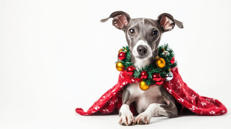 A cute dog dressed in a festive wreath with bells, covered in a cozy red blanket, ideal for capturing the joyful essence of the holiday season in a delightful portrait.の素材