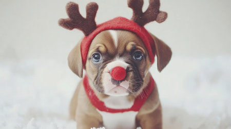 A charming young puppy dressed in festive reindeer antlers and a red nose, exuding cuteness and joy, perfect for holiday-themed projects and cheerful moments.の素材