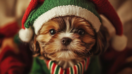 A charming small dog donning a cute Christmas hat and sweater, radiating warmth and joy, capturing the spirit of the holiday season in a cozy indoor setting.の素材