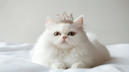 A charming white cat wearing a delicate crown sits gracefully on soft bedding, showcasing elegance and sweetness in a serene indoor environment.の素材