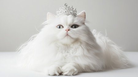 This stunning portrait captures a fluffy white cat adorned with a sparkling crown, embodying elegance and regal charm, ideal for animal lovers and creative projects.の素材