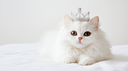 Charming white cat with a sparkly crown poses gracefully on a soft white surface, radiating elegance and cuteness, ideal for pet-themed projects and royal inspirations.の素材
