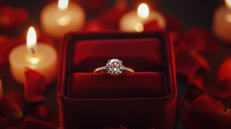 An exquisite diamond ring placed in a plush velvet box, surrounded by soft candlelight and rose petals, creating a perfect atmosphere for romance and love.の素材