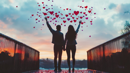 A beautiful silhouette of a couple standing hand in hand, surrounded by floating hearts at sunset, capturing the essence of love and romance in a scenic outdoor setting.の素材