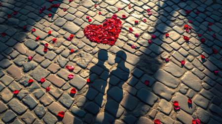 A stunning artistic representation of love, featuring a couple's shadow against a cobblestone path adorned with red petals arranged in a heart shape, ideal for romance-related themes.の素材
