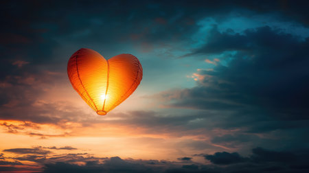 A stunning heart-shaped lantern illuminates the twilight sky, radiating warmth and love against a backdrop of vibrant colors, creating a serene and magical atmosphere.の素材