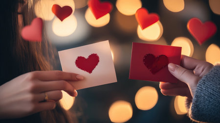 This enchanting image captures a romantic moment with two individuals exchanging heart-shaped cards against a warm bokeh background, symbolizing love and connection.の素材