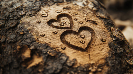 This image showcases beautifully carved hearts on a wooden surface, emphasizing love and nature. Perfect for themes of romance, art, and environmental beauty.の素材
