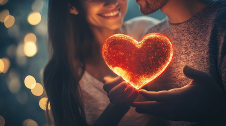 A couple shares a tender moment under soft ambient light, holding a sparkling heart that symbolizes their deep love and connection, creating an enchanting and romantic atmosphere.の素材