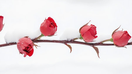 A serene image featuring elegant red roses dusted with fresh snow, beautifully illustrating the contrast of vibrant flora against a winter wonderland backdrop.の素材
