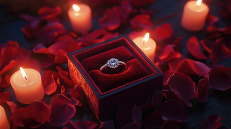 A captivating scene featuring a shimmering diamond engagement ring in a luxurious velvet box, surrounded by delicate rose petals and soft candlelight, perfect for romantic moments.の素材