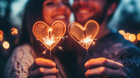 A joyful couple smiles while holding heart-shaped sparklers that illuminate their faces, showcasing a romantic and festive atmosphere perfect for celebrations of love.の素材