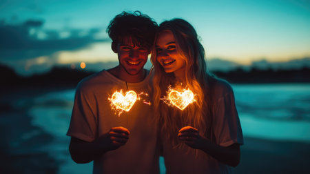 A joyful young couple enjoys a romantic moment on the beach at sunset, holding sparklers shaped like hearts, highlighting their love and connection in a serene atmosphere.の素材