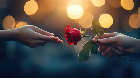 A beautiful moment capturing a red rose being offered between two hands under soft glowing lights, symbolizing love and emotion, ideal for romantic themes or celebrations.の素材