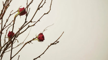 This image features delicate red roses on thorny branches, showcasing the beauty of flowers against a soft neutral background. Perfect for nature-themed projects.の素材