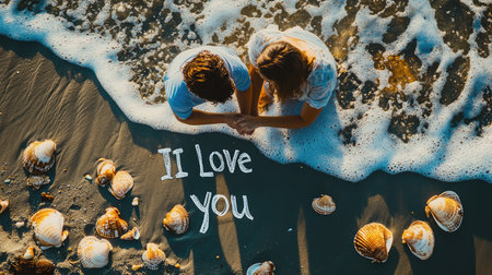 A heartwarming scene of a couple holding hands on the beach, surrounded by shells and gentle waves, expressing their love with "I Love You" written in the sand.の素材