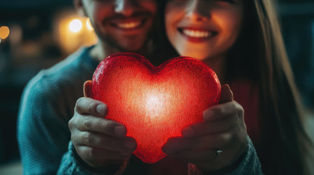 A loving couple embraces while holding a glowing red heart, symbolizing their deep connection and warmth during an intimate moment in a serene setting.の素材