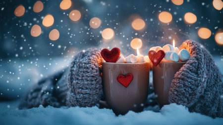 Embrace the warmth of a snowy evening with cups of hot chocolate adorned with marshmallows, surrounded by soft lights creating a romantic atmosphere.の素材