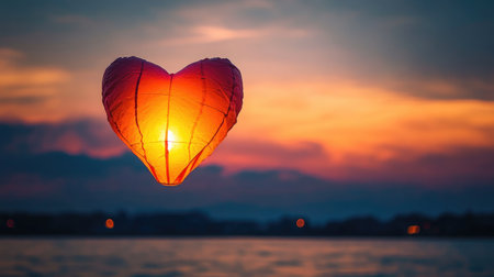 A heart-shaped lantern floats gracefully in the air against a stunning sunset backdrop, casting a warm glow on the still water, capturing the essence of romance and celebration.の素材