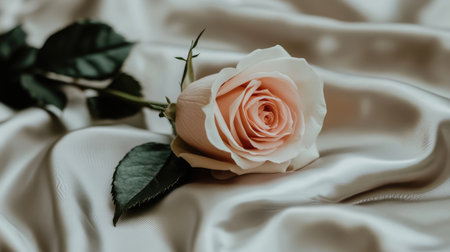 A delicate pink rose resting on luxurious satin fabric, perfect for romantic occasions, evoking elegance and beauty in floral arrangements and celebrations.の素材