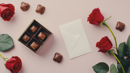 A beautifully arranged scene with red roses, delicious chocolates, and an empty envelope, perfect for conveying love and sentiment during special celebrations or romantic moments.の素材