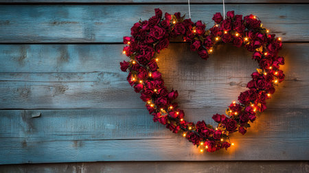 A beautiful heart-shaped wreath crafted from red roses and adorned with delicate fairy lights, creating a romantic and inviting atmosphere perfect for celebrations.の素材