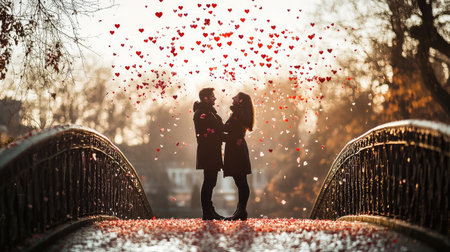 A romantic couple shares a heartfelt moment on a picturesque bridge, surrounded by floating hearts, creating a dreamy scene of love and intimacy in nature.の素材