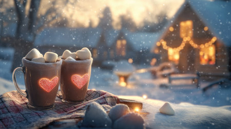 Two heart-shaped mugs filled with hot chocolate, topped with fluffy marshmallows, create a cozy winter vibe near a warmly lit cabin in the snowy outdoors.の素材