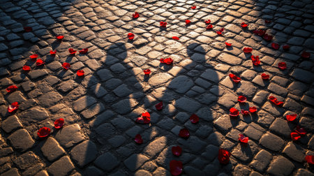 A beautiful silhouette of a couple holding hands on cobblestone streets surrounded by scattered rose petals, creating an intimate and romantic atmosphere at sunset.の素材