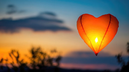 A stunning heart-shaped lantern illuminates a colorful sunset, creating a romantic and dreamy atmosphere perfect for celebrations and memorable moments.の素材