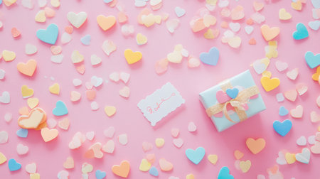 A vibrant arrangement of heart-shaped decorations surrounds a gift on a soft pink background perfect for celebrating love joy and special moments in life.の素材