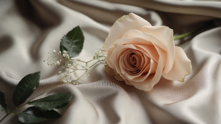 A stunning peach rose rests on soft ivory fabric, surrounded by green leaves and babyの素材