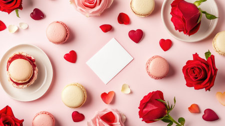 A delightful flat lay arrangement showcasing colorful macarons, fresh roses, and heart-shaped decorations, perfect for celebrating love and special moments.の素材