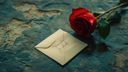 A stunning red rose lies beside a handwritten note on a rustic surface, capturing sentiments of love and gratitude in a beautifully simple composition, perfect for conveying emotion.の素材