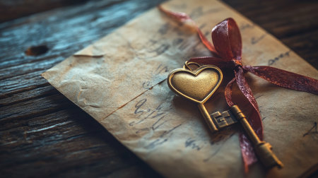 A beautifully composed still life featuring a vintage heart-shaped key tied with a ribbon on an aged letter, set against rustic wood, radiating warmth and nostalgia.の素材