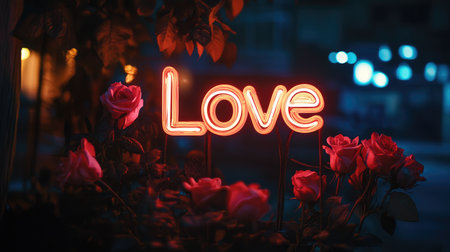 A glowing neon sign reading "Love" surrounded by beautiful pink roses, creates a romantic ambiance at night, enhanced by soft bokeh lights in the background.の素材